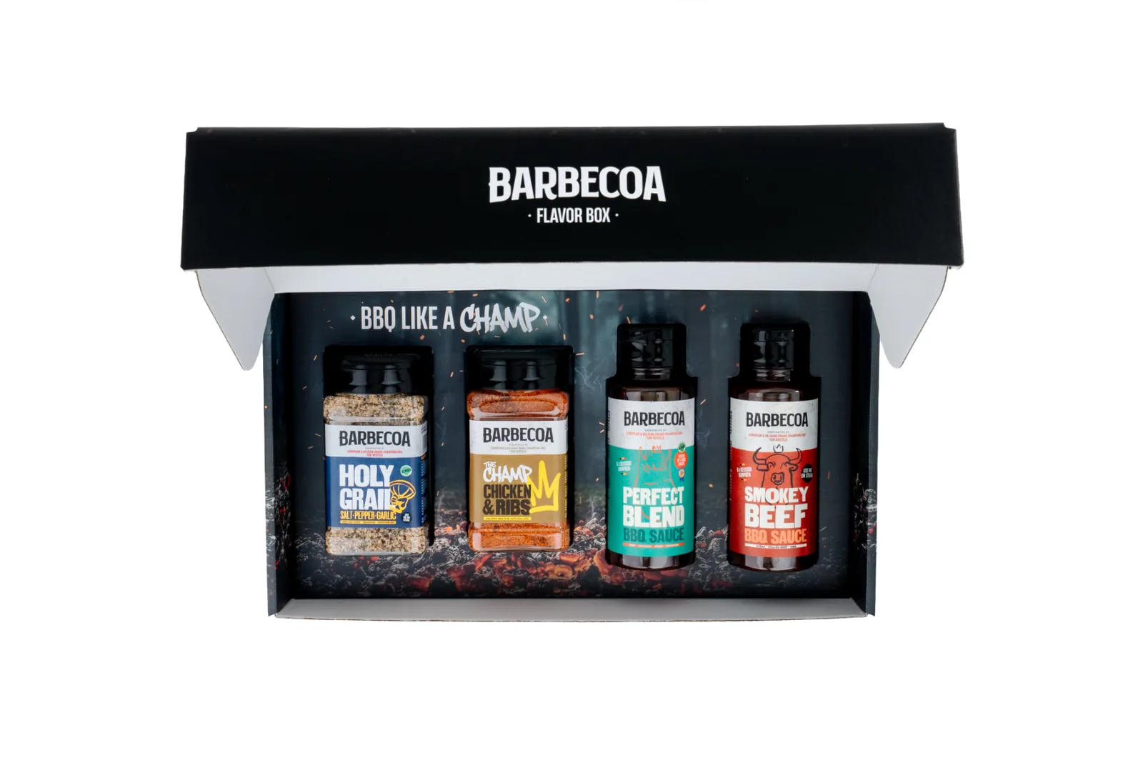 Barbecoa Flavor Box geopend — Holy Grail, The Champ, Perfect Blend en Smokey Beef