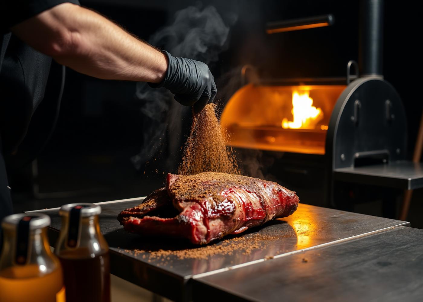 Tom Bertels kruidt een brisket naast zijn offset smoker